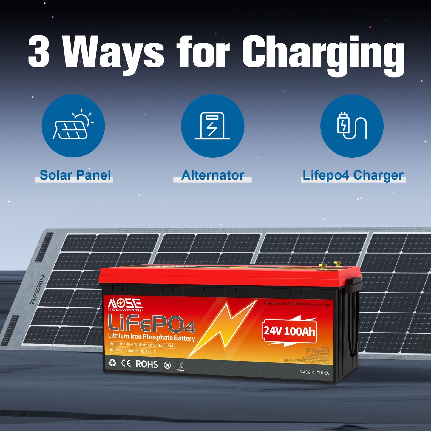 3Pack 24V 100Ah LiFePO4 Battery,15000 Cycles, MOSEWORTH Lithium Batteries