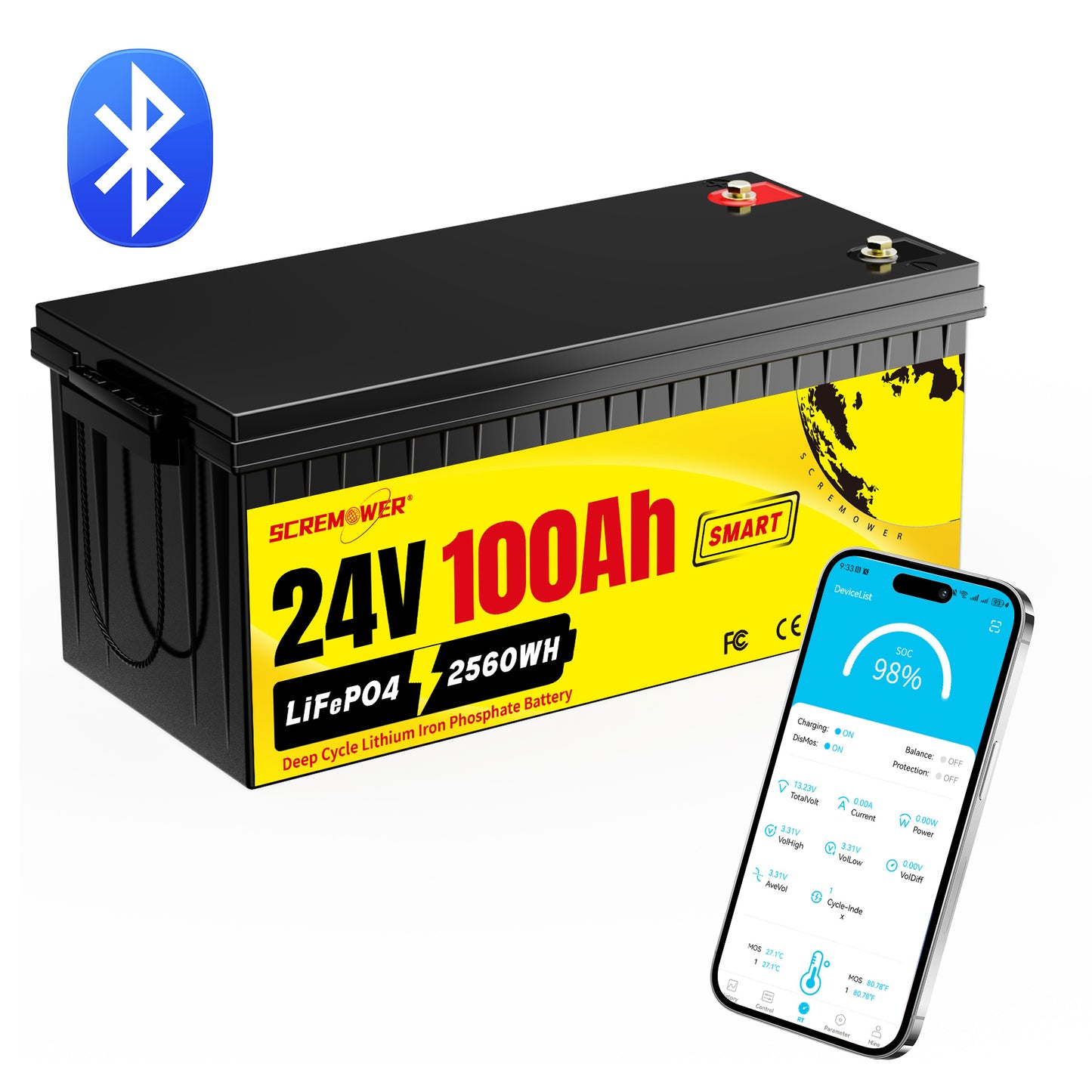SCREMOWER 24V 100Ah LiFePO4 Battery Bluetooth, 100A BMS 2560Wh RV Lithium Battery for Solar, Trolling Motor,Marine,Camper