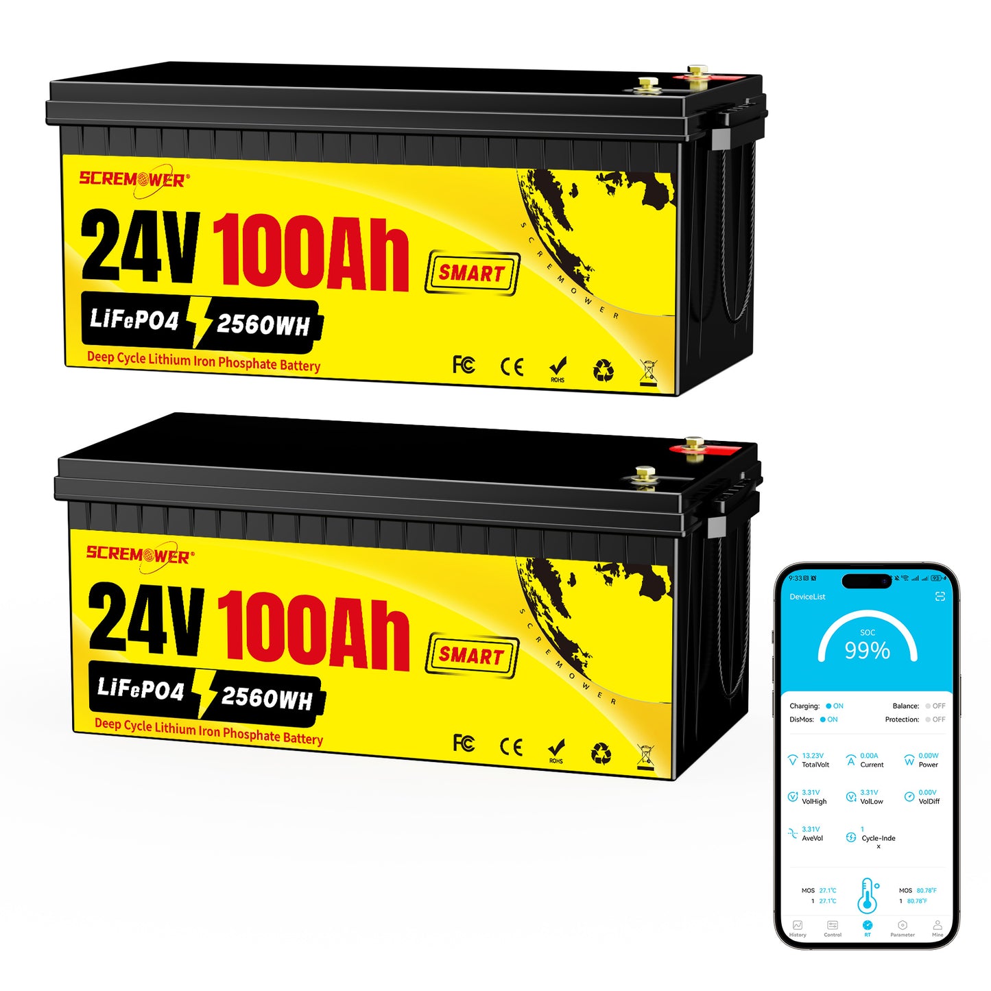 LiFePO4 24V 100AH Lithium Iron Battery Built-in 100A BMS for RV, Golf Cart