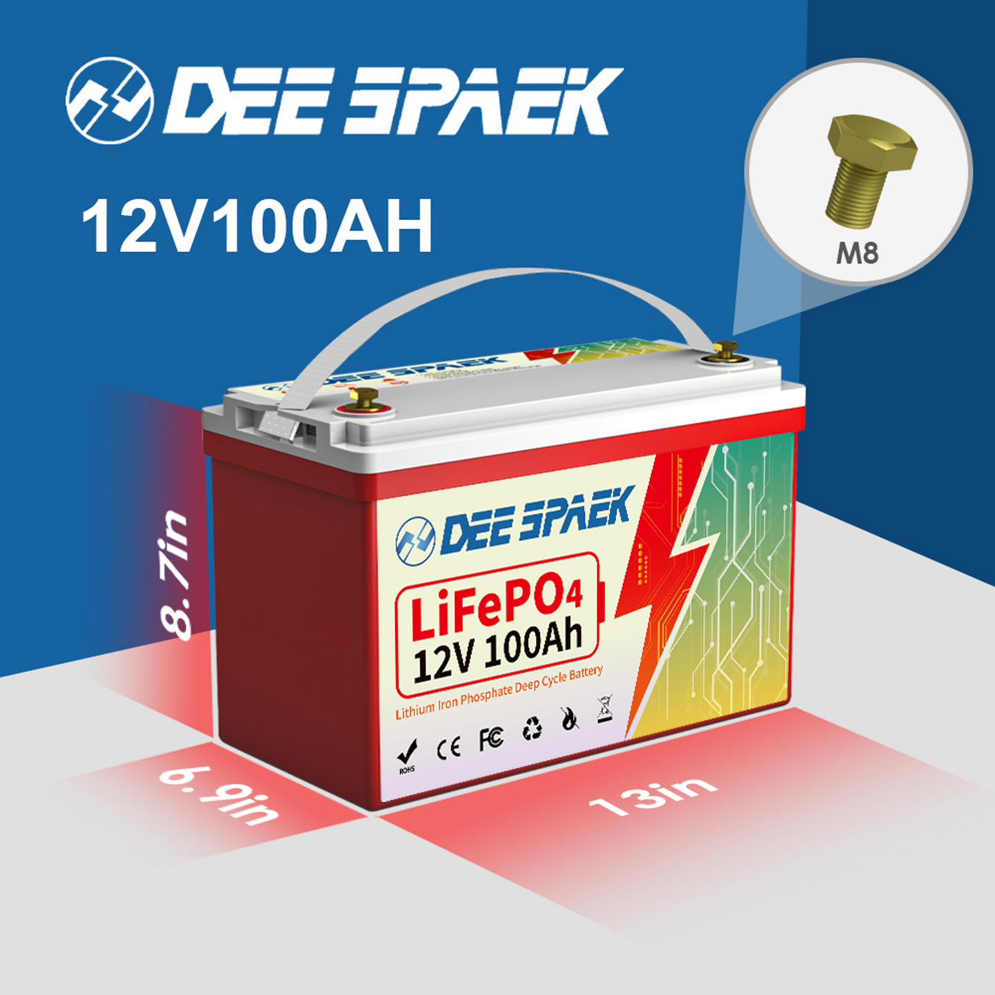 12V 100Ah LiFePO4 Lithium Battery for Marine Trolling Motor Solar, Low-Temp Cutoff DEESPAEK Deep Cycles RV Batteies
