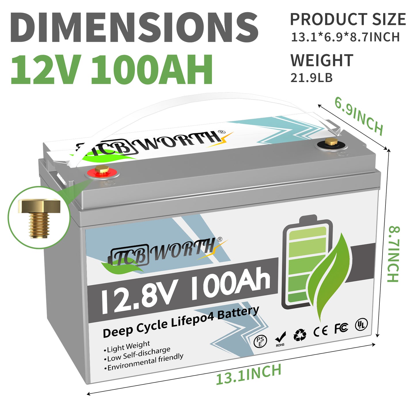 12V 100Ah BCI Group 31 LiFePO4 Battery with 10a charger,15000+ Deep Cycles,Built in 100A BMS,TCBWORTH Lithium Batteries