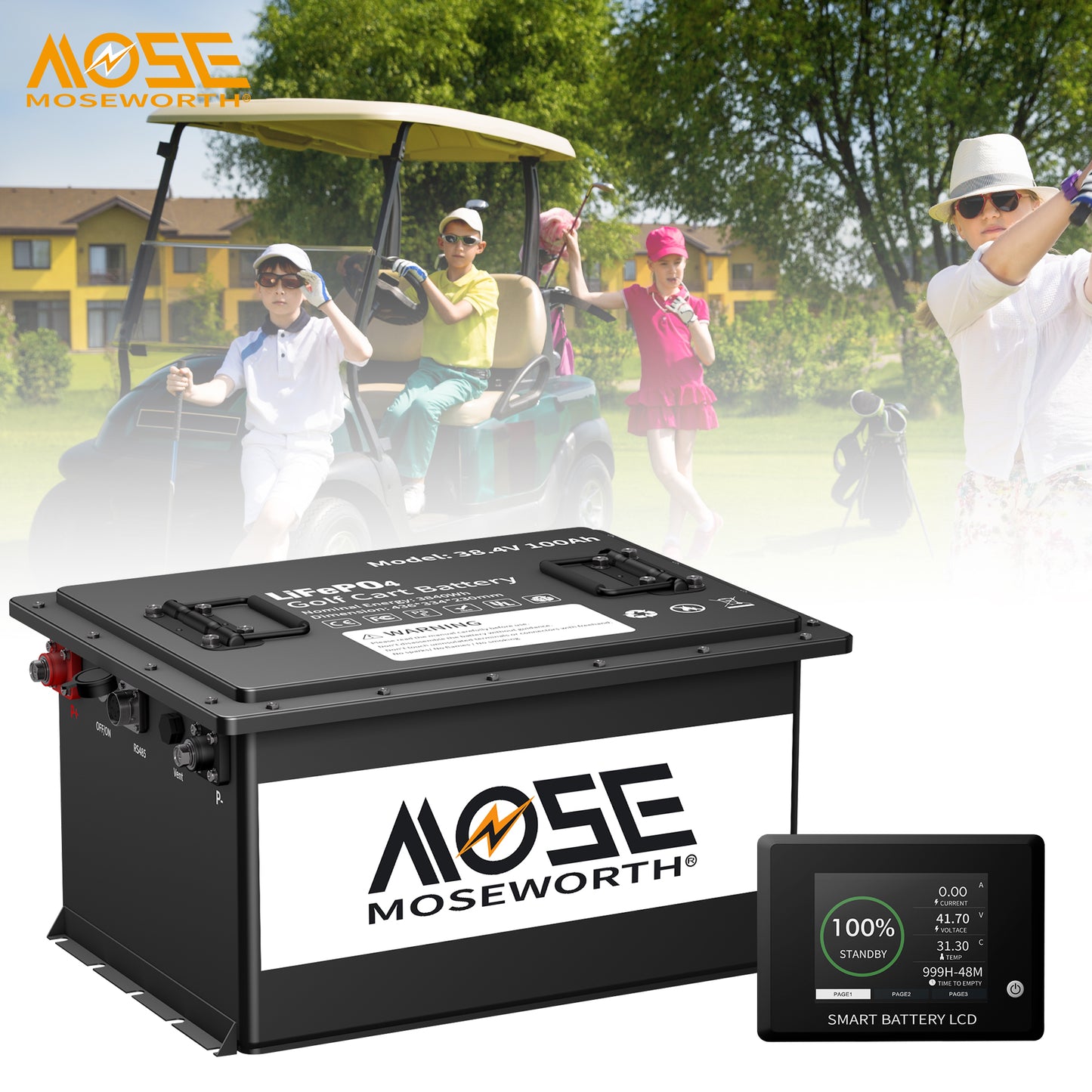 36V 105Ah Golf Cart Battery,LiFePO4 Batteries with a Smart Battery Monitor&20A Charger
