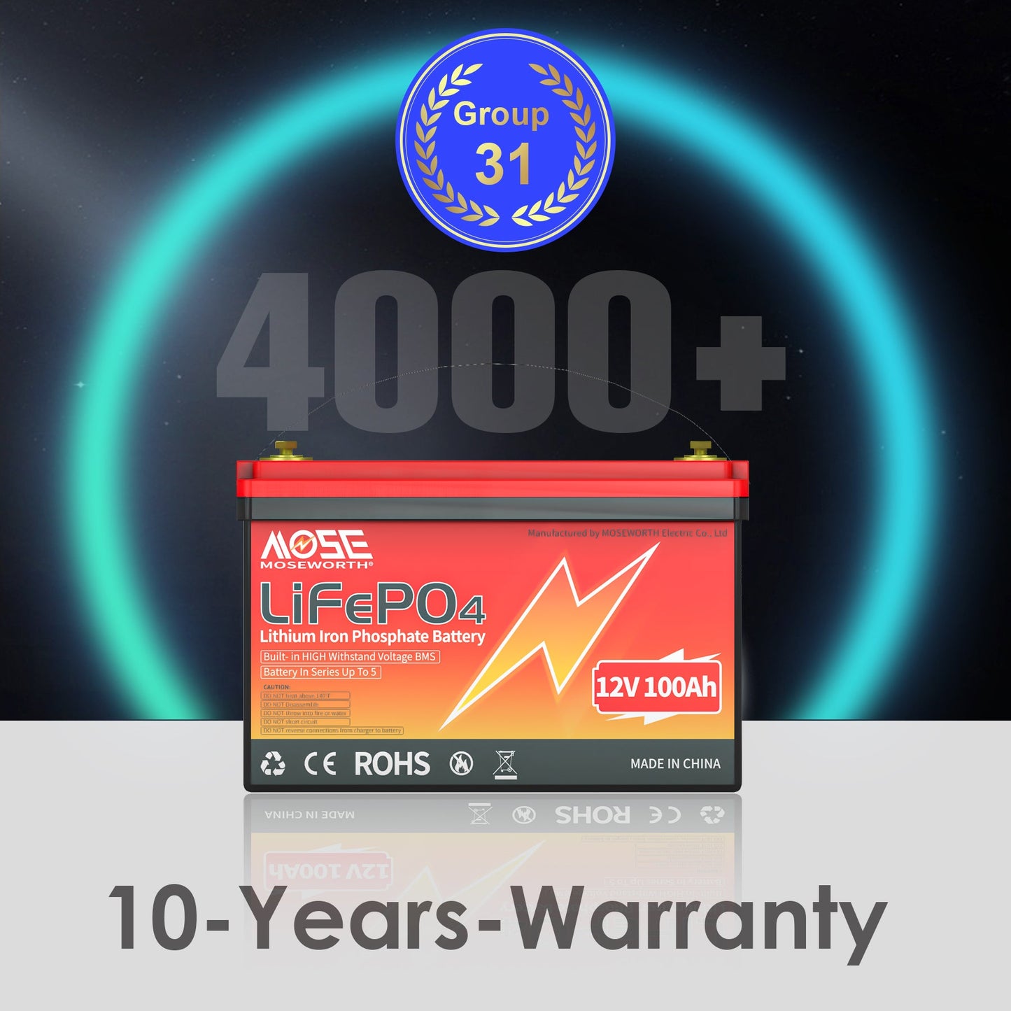 12V 100Ah LiFePO4 Battery,15000 Deep Cycles,100A BMS,MOSEWORTH Lithium Batteries