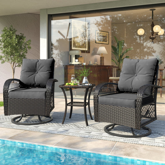 UDPATIO 3 Piece Patio Furniture Set, Outdoor Rattan Swivel Rocker, Glass Top Side Table and Padded Cushions for Pool and Garden (Dark Gray).