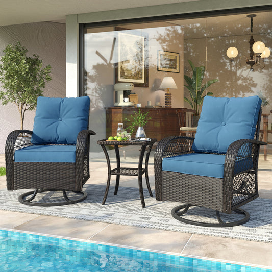 UDPATIO 3 Pieces Patio Furniture Set, Outdoor Swivel Gliders Rocker, Wicker Patio Bistro Set with Rattan Rocking Chair, Glass Top Side Table and Thickened Cushions for Porch Deck Backyard (Navy)