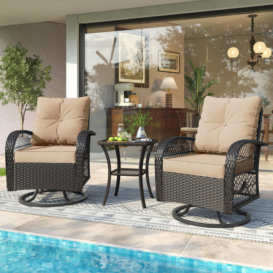 UDPATIO 3 Pieces Patio Furniture Set, Outdoor Swivel Gliders Rocker, Wicker Patio Bistro Set with Rattan Rocking Chair, Glass Top Side Table and Thickened Cushions for Porch Deck Backyard (Khaki)