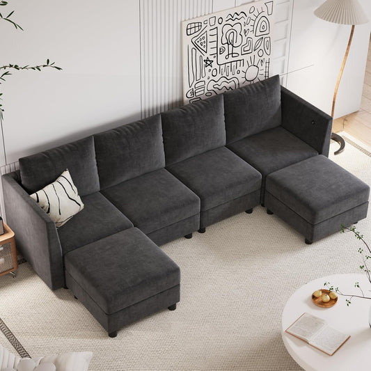 Techmilly Modular Sectional Couch, 6 Seats U Shaped Couch with Storage, Modern Chenille Sofa Set with USB Charging Ports, Comfy Couches with Chaise for Living Room, Office, Dark Grey