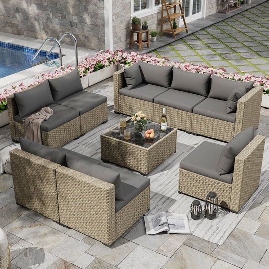 Poteban Patio Furniture Sets, Modular Rattan Outdoor Patio Sectional Furniture Sofa Set, Wicker Patio Conversation Set for Backyard,9PCS