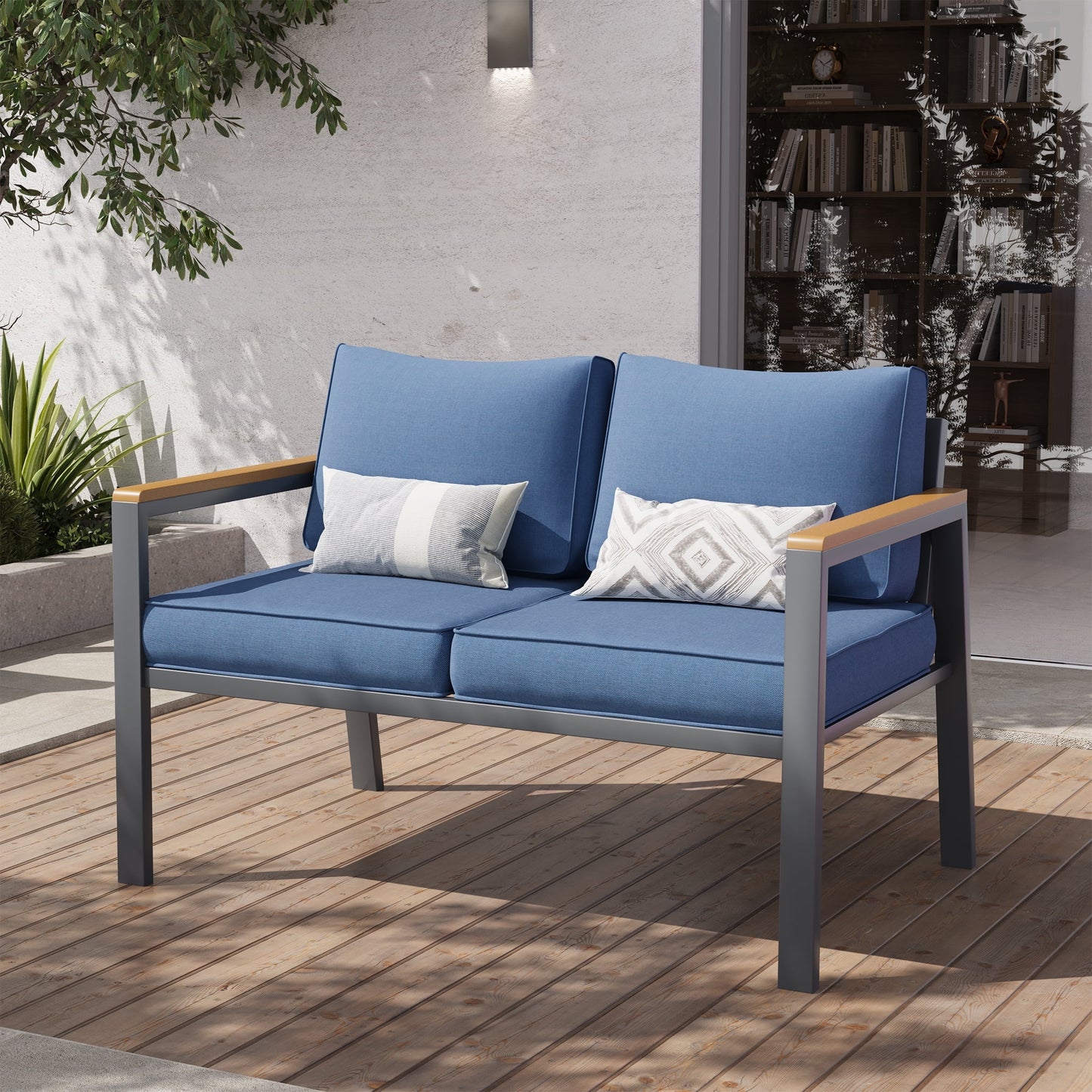 Poteban Aluminum Patio Furniture Sofa,All-Weather Metal Outdoor Sofa,Modern Couch with Waterproof Covers,Blue(Loveseat)