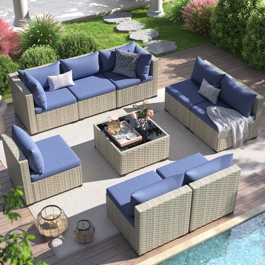 UDPATIO 9 Pieces Outdoor Patio Furniture Set, Outdoor Wicker Patio Conversation Set with Cushions for Backyard, Porch, Garden(Haze Blue)