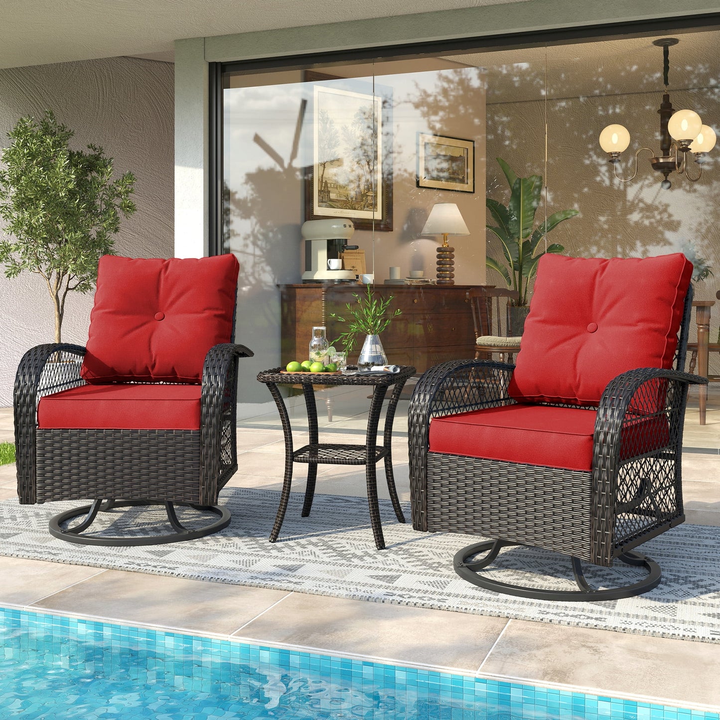 UDPATIO 3 Pieces Patio Furniture Set, Outdoor Swivel Gliders Rocker, Wicker Patio Bistro Set with Rattan Rocking Chair, Glass Top Side Table and Thickened Cushions for Porch Deck Backyard (Red)