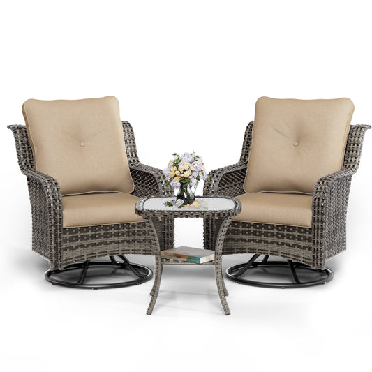 UDPATIO 3 Pieces Patio Furniture Set, Outdoor Swivel Gliders Rocker, Wicker Patio Bistro Set with Rattan Rocking Chair, Glass Top Side Table and Thickened Cushions for Porch Deck Backyard (Khaki)