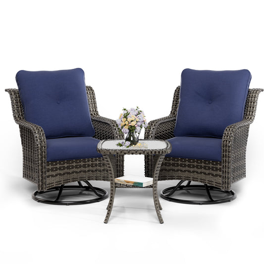 UDPATIO 3 Pieces Patio Furniture Set, Outdoor Swivel Gliders Rocker, Wicker Patio Bistro Set with Rattan Rocking Chair, Glass Top Side Table and Thickened Cushions for Porch Deck Backyard (Navy Blue)