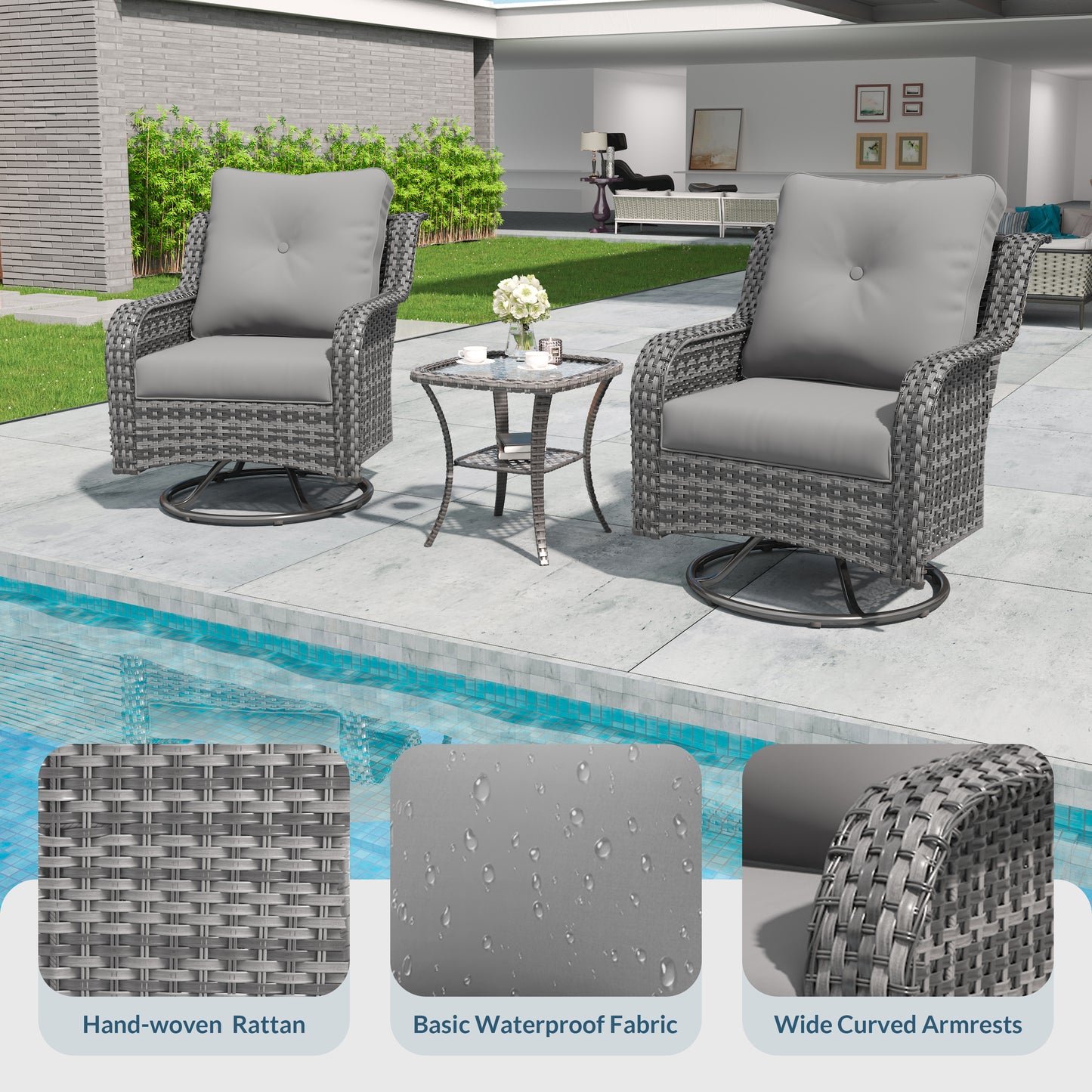 Poteban Patio Glider Rocking Chair, Wicker Patio Furniture Rattan Chair, Outdoor Patio Furniture Set Swivel Rocking Chairs, 3 Pieces Patio Set Glider Chair Porch Furniture(Grey)