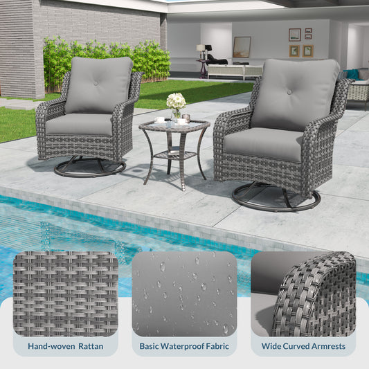 Poteban Patio Glider Rocking Chair, Wicker Patio Furniture Rattan Chair, Outdoor Patio Furniture Set Swivel Rocking Chairs, 3 Pieces Patio Set Glider Chair Porch Furniture(Grey)