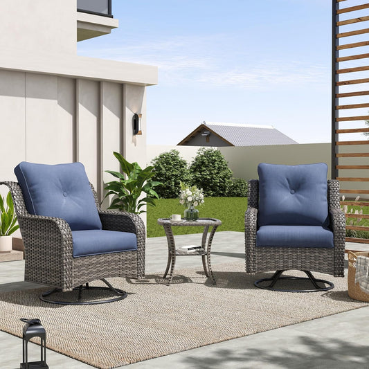 Poteban Patio Glider Rocking Chair, Wicker Patio Furniture Rattan Chair, Outdoor Patio Furniture Set Swivel Rocking Chairs, 3 Pieces Patio Set Glider Chair Porch Furniture(Blue)