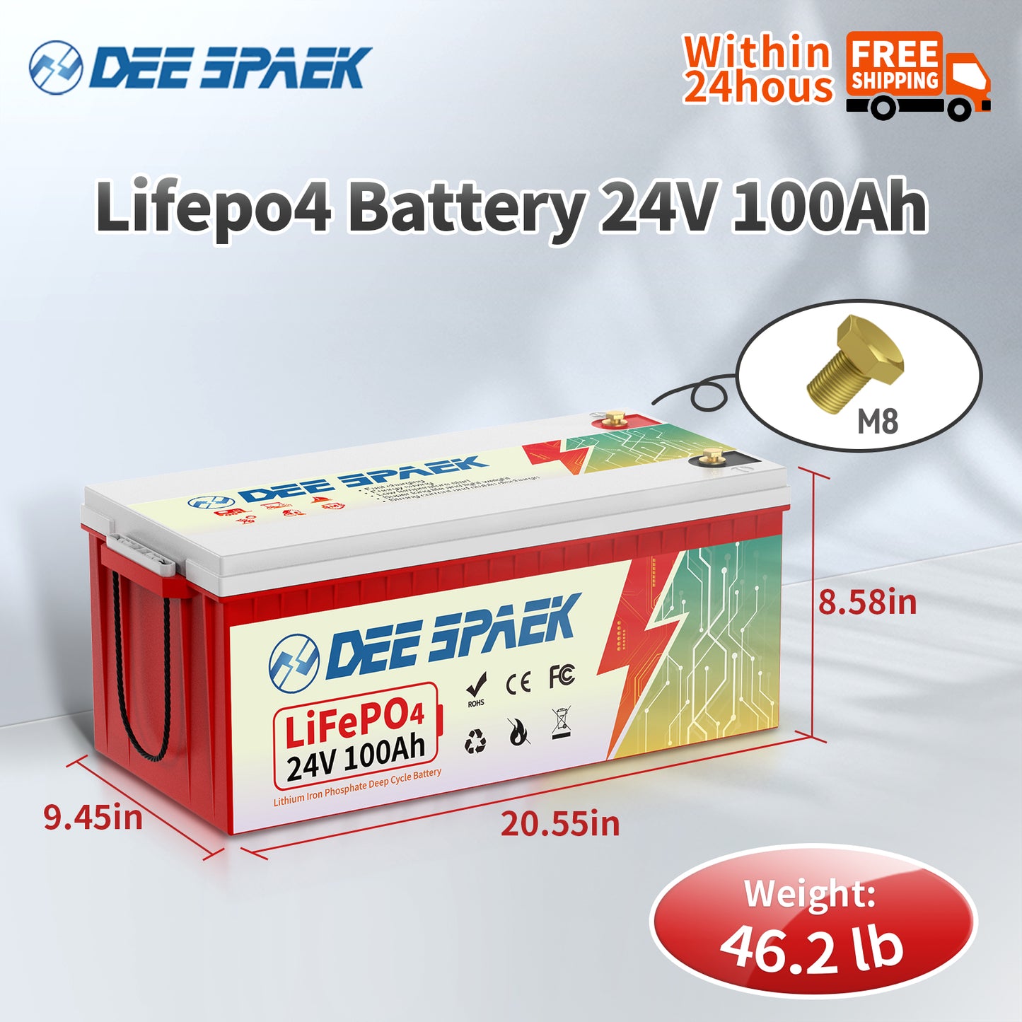 24V 100Ah LiFePO4 Battery,100A BMS Low-Temp Protection 15000 Deep Cycle Lithium RV Batteries for Solar Trolling Motor Marine Boat Off Grid Energy Storage, DEESPAEK 10 Years Warranty