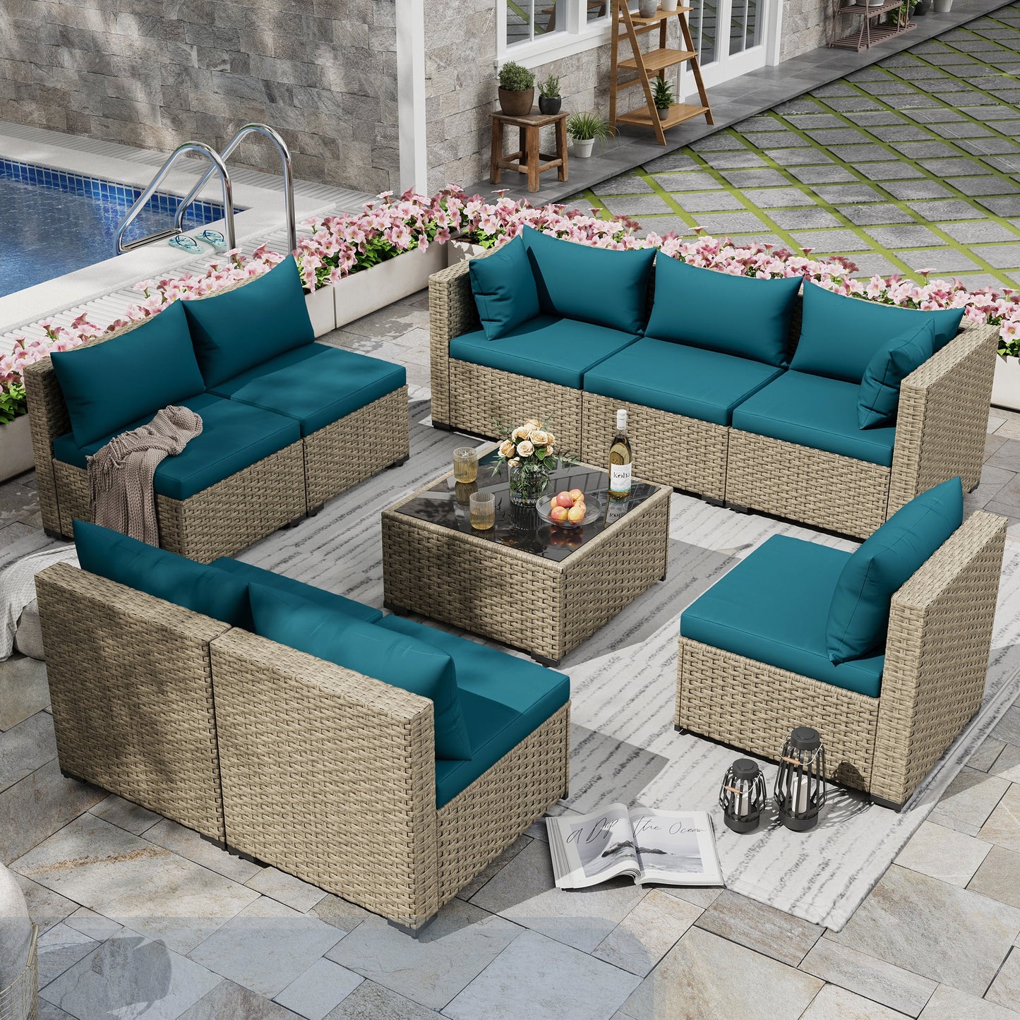 Poteban Patio Furniture Sets, Modular Rattan Outdoor Patio Sectional Furniture Sofa Set, Wicker Patio Conversation Set for Backyard,9PCS