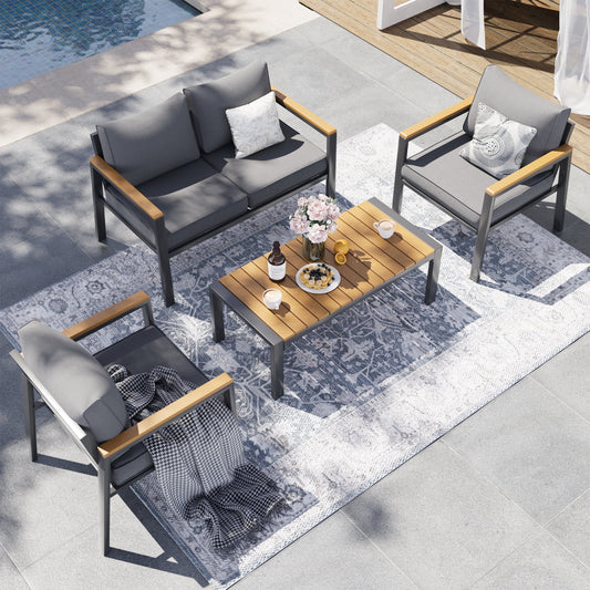 Poteban Aluminum Patio Furniture Set, Modern Metal Outdoor Patio Furniture, 5 Pcs Patio Conversation Sets with Wood Top Armrest & Table for Poolside, Deck, Gray (Included Waterproof Covers)