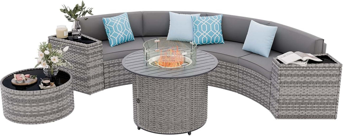 Poteban Patio Furniture Set with Fire Pit Table, 8 Pieces Curved Patio Sectional Couch with Storage Armrest Table and 4 Pillows, Round Fire Pit Conversation Sets with Waterproof Covers (Grey)