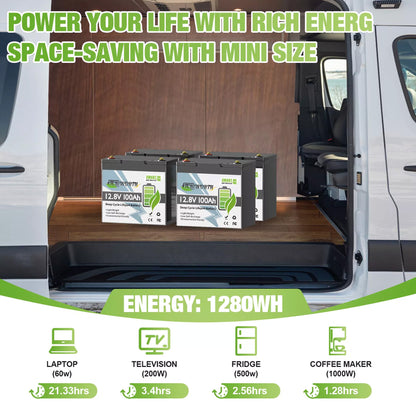 2PACK 12V 100AH LiFePO4 Battery Bluetooth,TCBWORTH Mini Lithium Batteries for RV,Camping,Solar,Trolling Motors,Marine,Home Energy Storage,100A BMS