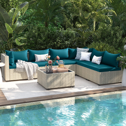 UDPATIO 7 Pieces Outdoor Patio Furniture Set, Outdoor Wicker Patio Conversation Set with Cushions for Backyard, Porch, Garden(Peacock Blue)