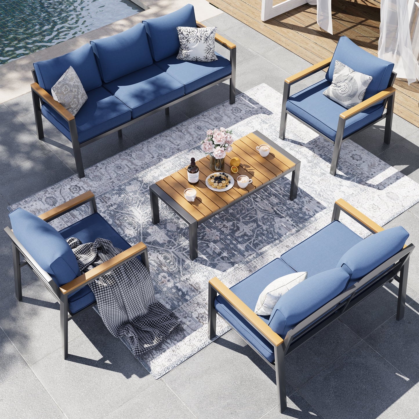 Poteban Aluminum Patio Furniture Set, Modern Metal Patio Furniture Outdoor Couch for Poolside, Deck, Blue (Included Waterproof Covers)