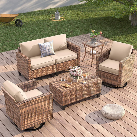 Poteban Patio Furniture Set, 6 Pieces Outdoor Furniture Sets with Rocking Swivel Chairs, Wicker Rattan Outdoor Conversation Set with Storage Table and Waterproof Covers for Backyard, Deck, Porch