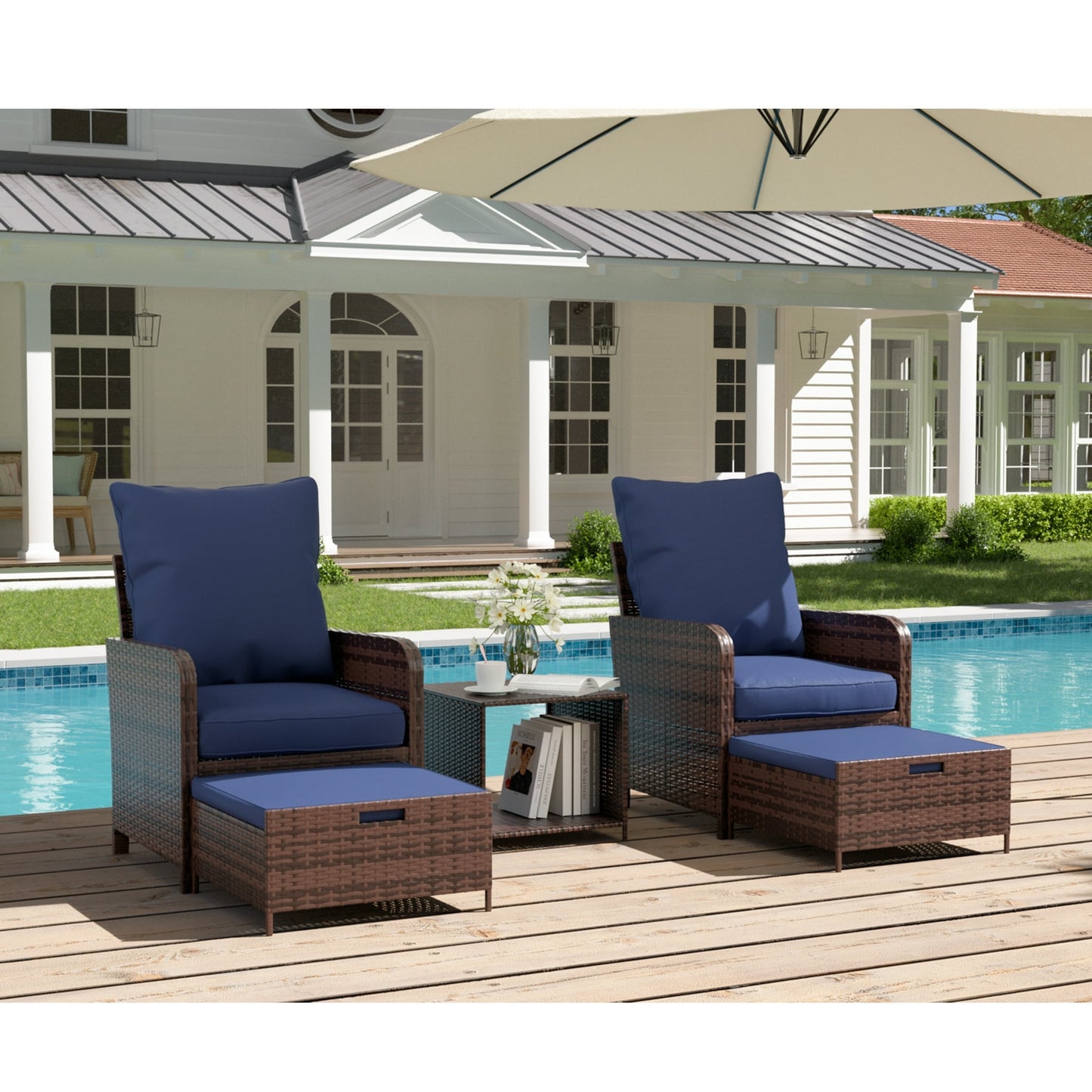 Poteban Gray Rattan Outdoor Seating 5-Piece Set,Outdoor Patio Chair with Ottoman for Front Porch Deck,Wicker Lounge Chair with Side Table,Blue