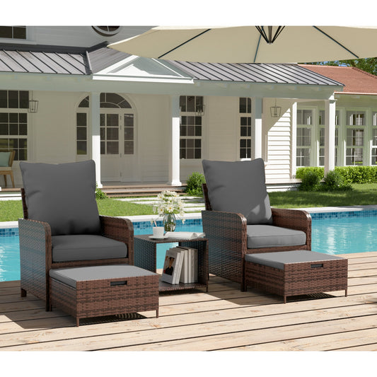 Poteban Gray Rattan Outdoor Seating 5-Piece Set,Outdoor Patio Chair with Ottoman for Front Porch Deck,Wicker Lounge Chair with Side Table,Grey