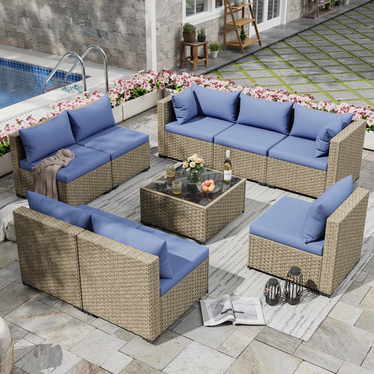 Poteban Patio Furniture Sets, Modular Rattan Outdoor Patio Sectional Furniture Sofa Set, Wicker Patio Conversation Set for Backyard,9PCS