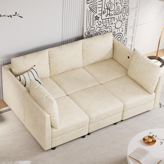 Techmilly Sectional Sleeper Sofa, 6 Seats Modular Convertible Sofa Bed Couch with Storage Ottomans, Modern Comfy Chenille Sleeper Sofa Bed with Charging Station for Living Room, Office, Beige