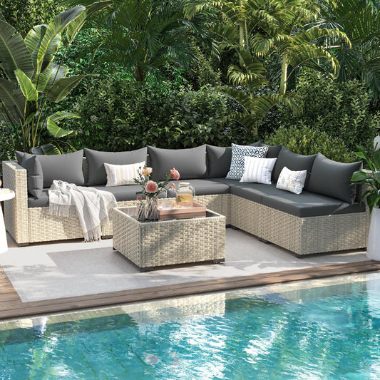 UDPATIO 7 Pieces Outdoor Patio Furniture Set, Outdoor Wicker Patio Conversation Set with Cushions for Backyard, Porch, Garden(Gray)