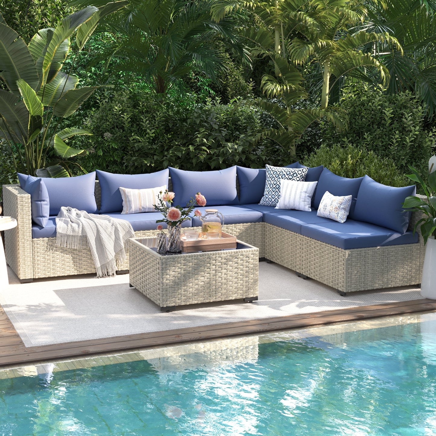 UDPATIO 7 Pieces Outdoor Patio Furniture Set, Outdoor Wicker Patio Conversation Set with Cushions for Backyard, Porch, Garden(Haze Blue)