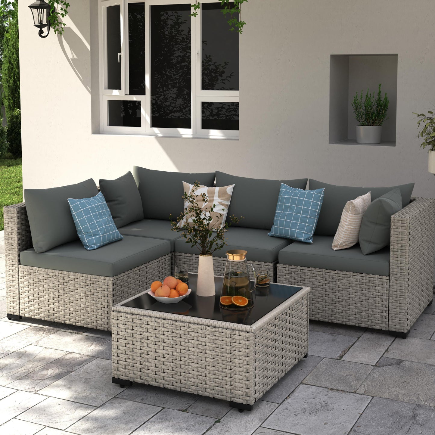 Amopatio 5 Pieces Patio Conversation Set, Outdoor Sectional PE Rattan Wicker Furniture Seat,GRAY