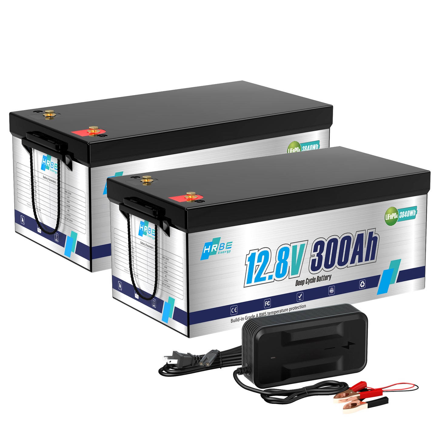 2 Pack 12V 300Ah LiFePO4 Lithium Battery, 200A BMS 15000 Deep Cycles, HRBEENERGY 12 Volt RV Batteries for Solar Off-Grid Solar Power System Golf Cart