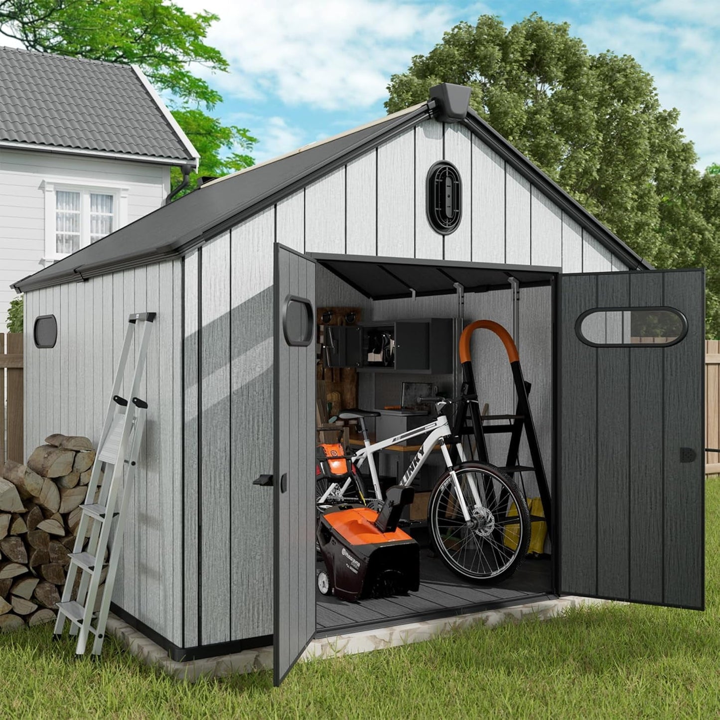 Poteban 8x10 FT Outdoor Resin Storage Shed with Floor, Plastic Shed with Air Vents & Window, Lockable Door, All Weather Resistant Waterproof Outdoor Shed for Bike, Garden Tools, Lawn Mower