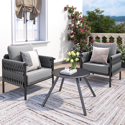 Poteban Metal Outdoor Patio Furniture Set, 3 Pieces Modern Outdoor Conversation Furniture Sets w/Coffee Table, Outside Furniture with High-Resiliency Sponge Cushions for Porch, Balcony, Backyard