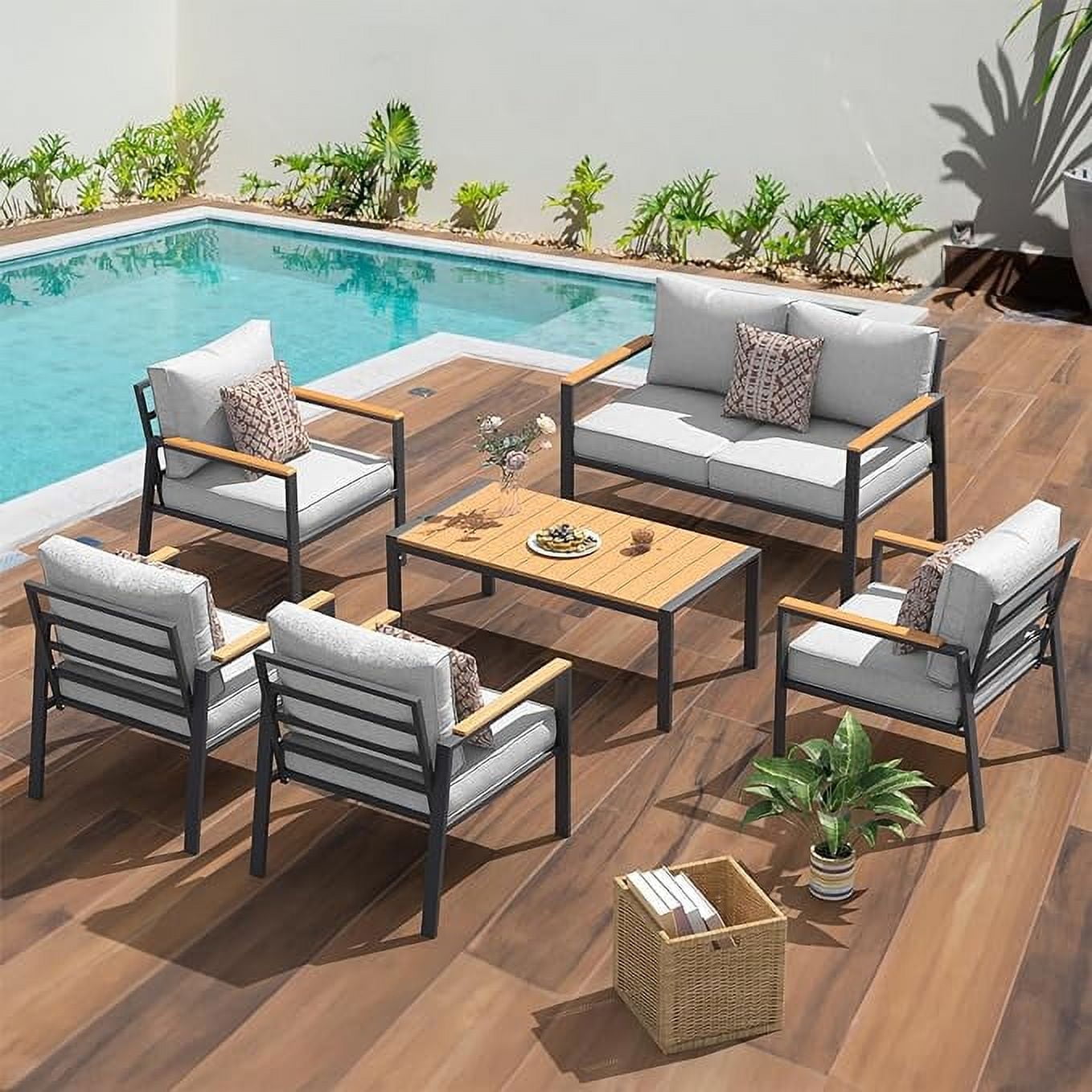 Poteban Metal Outdoor Patio Furniture Set, Modern Outdoor Conversation Furniture Sets w/Coffee Table, 6 Piece Outside Furniture with Thick, Washable and High-Resiliency Sponge Cushions, Light Grey