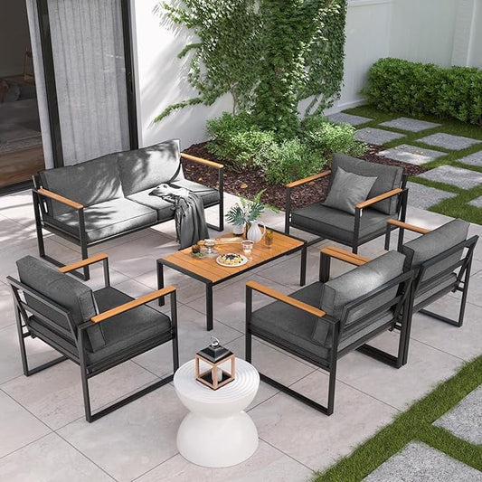 Poteban Metal Outdoor Patio Furniture Set, Modern Outdoor Conversation Furniture Sets w/Coffee Table, 6 Piece Outside Furniture with Thick, Washable and High-Resiliency Sponge Cushions, Deep Grey