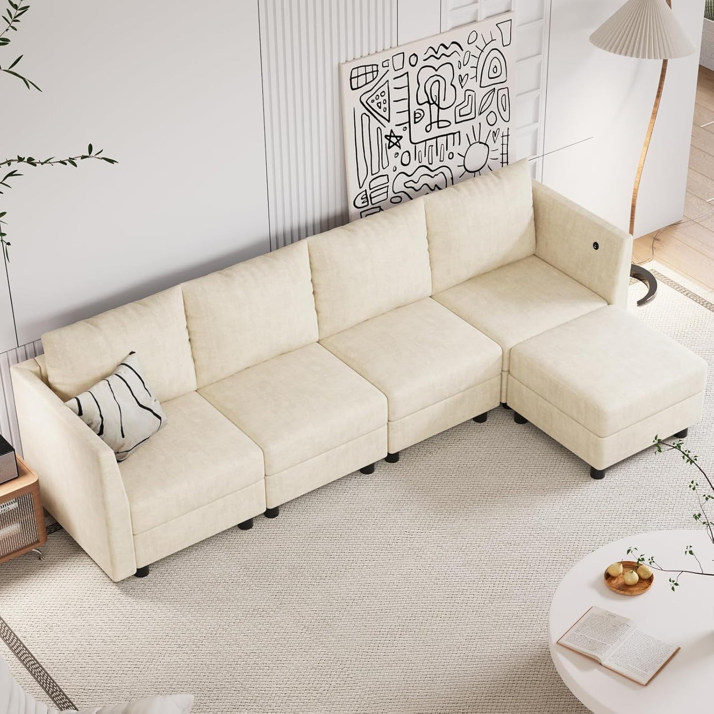 Techmilly Modular Sectional Couch, 5 Seats L Shaped Couch with Storage, Modern Chenille Sofa Set with USB Charging Ports, Comfy Couches with Chaise for Living Room, Office, Beige