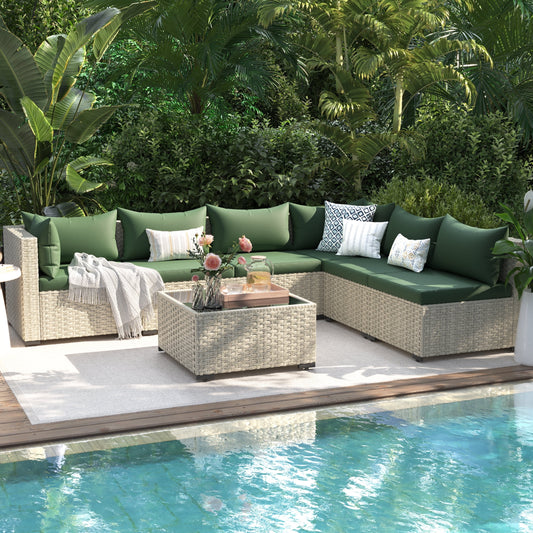 UDPATIO 7 Pieces Outdoor Patio Furniture Set, Outdoor Wicker Patio Conversation Set with Cushions for Backyard, Porch, Garden(Green)