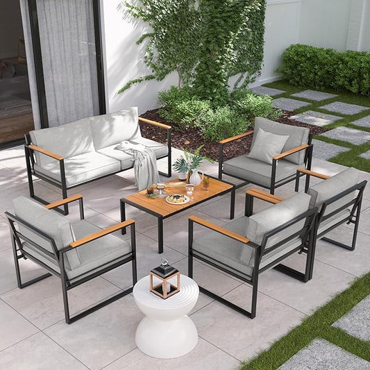 Poteban Metal Outdoor Patio Furniture Set, Modern Outdoor Conversation Furniture Sets w/Coffee Table, 6 Piece Outside Furniture with Thick, Washable and High-Resiliency Sponge Cushions, Light Grey