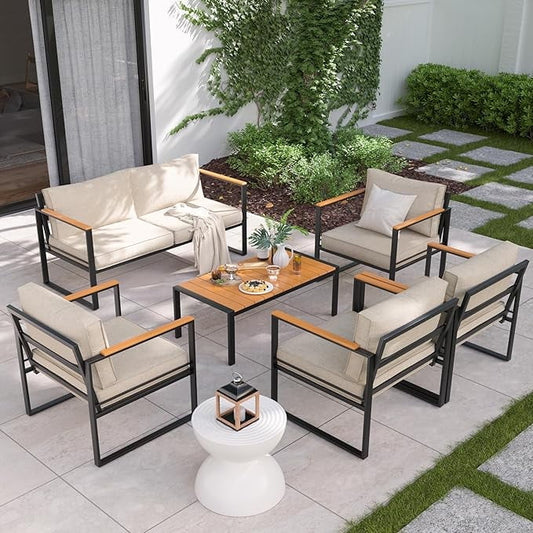 Poteban Metal Outdoor Patio Furniture Set, Modern Outdoor Conversation Furniture Sets w/Coffee Table, 6 Piece Outside Furniture with Thick, Washable and High-Resiliency Sponge Cushions, Beige