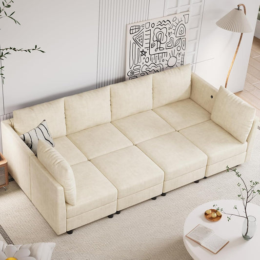 Techmilly Sectional Sleeper Sofa, 8 Seats Modular Convertible Sofa Bed Couch with Storage Ottomans, Modern Comfy Chenille Sleeper Sofa Bed with Charging Station for Living Room, Office, Beige