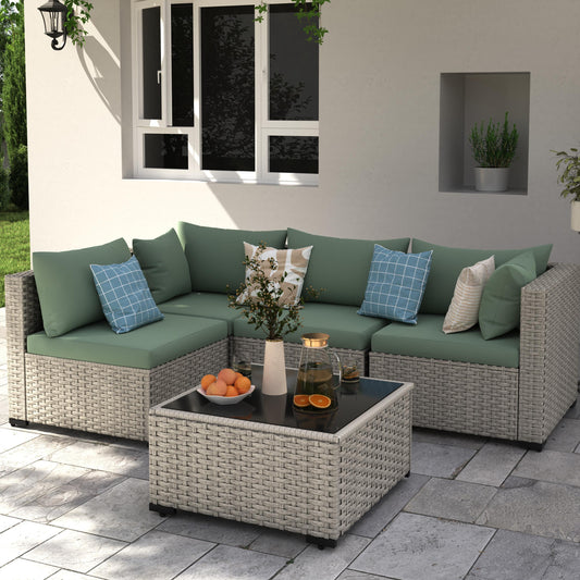 Amopatio 5 Pieces Patio Conversation Set, Outdoor Sectional PE Rattan Wicker Furniture Seat,GREEN