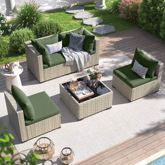 UDPATIO 5 Pieces Outdoor Patio Furniture Set, Outdoor Wicker Patio Conversation Set with Cushions for Backyard, Porch, Garden(Green)