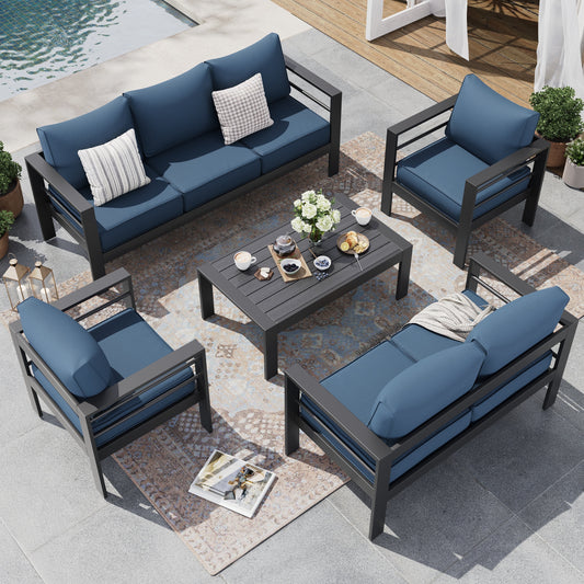 Poteban Aluminum Patio Furniture,Outdoor Metal Sectional Sofa with Table and Waterproof Covers,Blue Modern Patio Furniture Set for Garden Backyard (8-Piece)