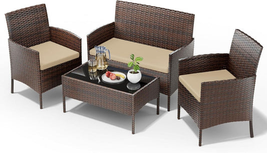 UDPATIO Patio Furniture 4 Pieces Outdoor Wicker Rattan Chair Balcony Conversation Sets Porch Furniture Sectional Loveseat w Cushions and Table for Backyard Pool Garden (Brown-Beige)