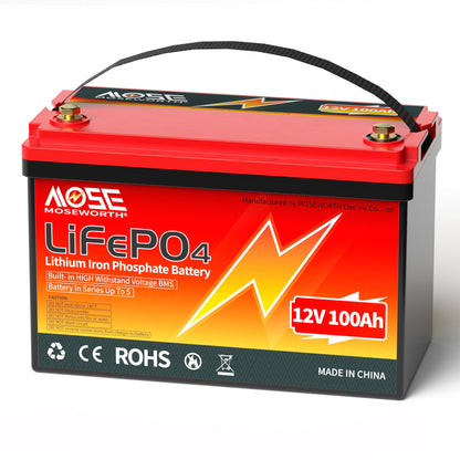 12V 100Ah LiFePO4 Battery,15000 Deep Cycles,100A BMS,MOSEWORTH Lithium Batteries